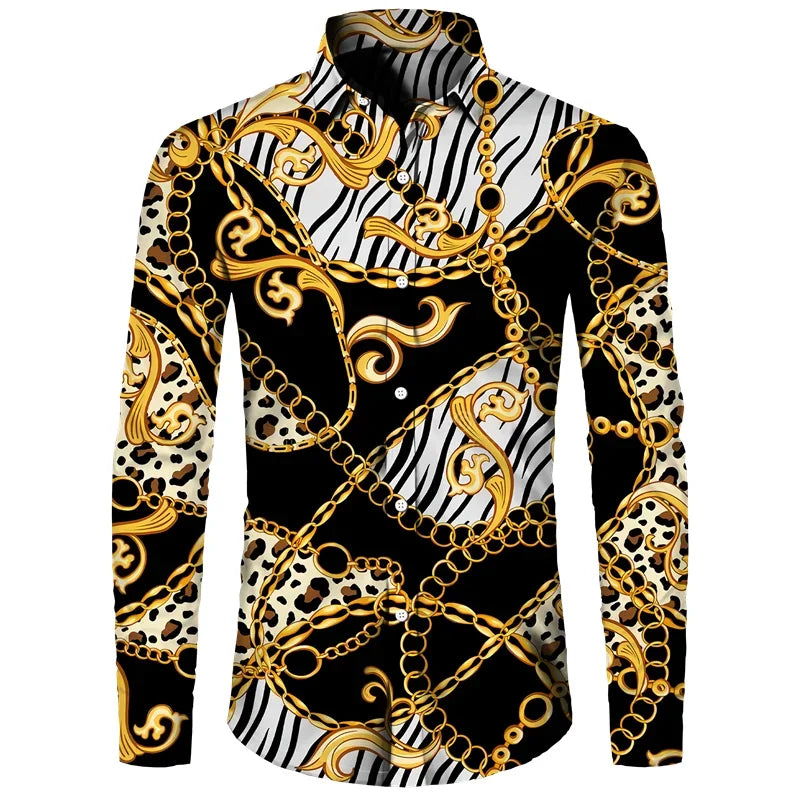 2024 New Luxury Golden Flower Chain 3D Print Men Long Sleeve Shirt Casual Mens Designer Clothing Streetwear Lapel Button Shirts