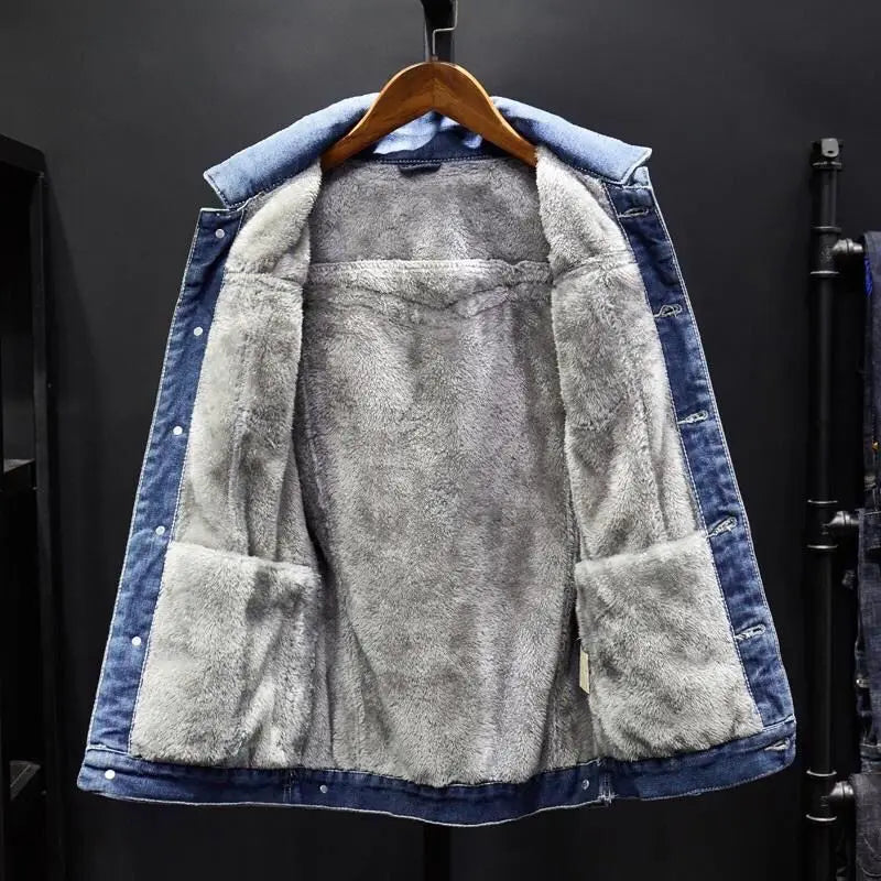 Men's Denim Cotton Jaet Fce Lined Thi Warm Outerwear Korean Sle Versatile Student Jaet Top Trendy Autumn Winter Coat