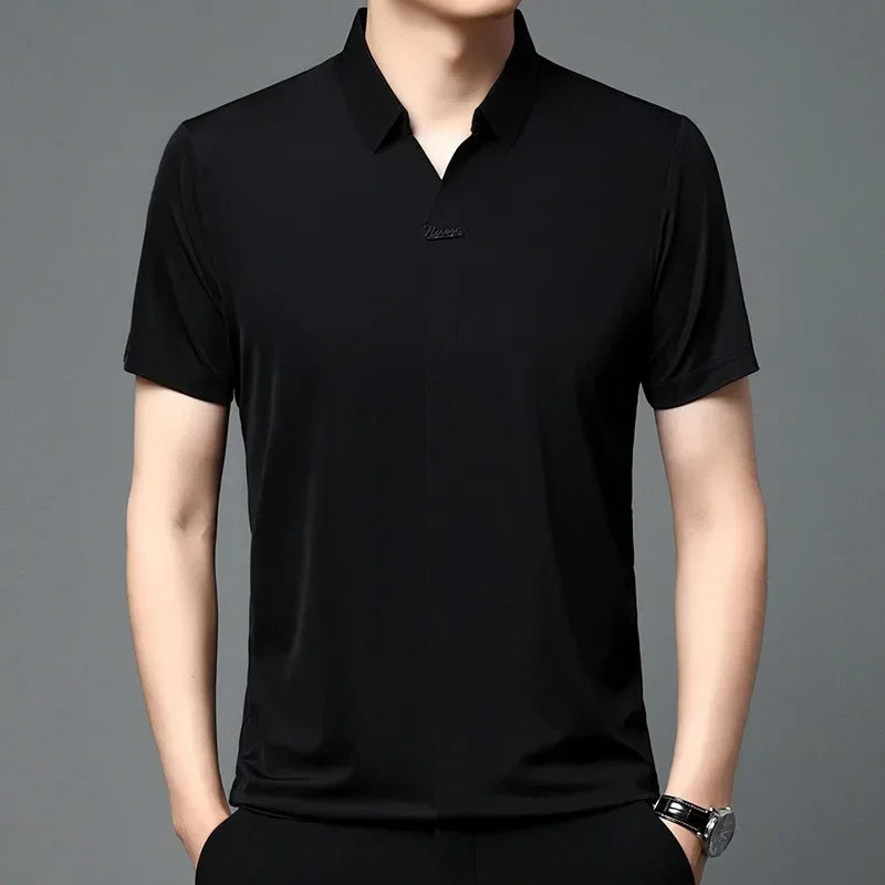 High End Mulberry Silk T-shirts Man Long Sleeve Tops Business Casual Elastic Non-iron Seamless Quality Luxurious Men Polo Shirts