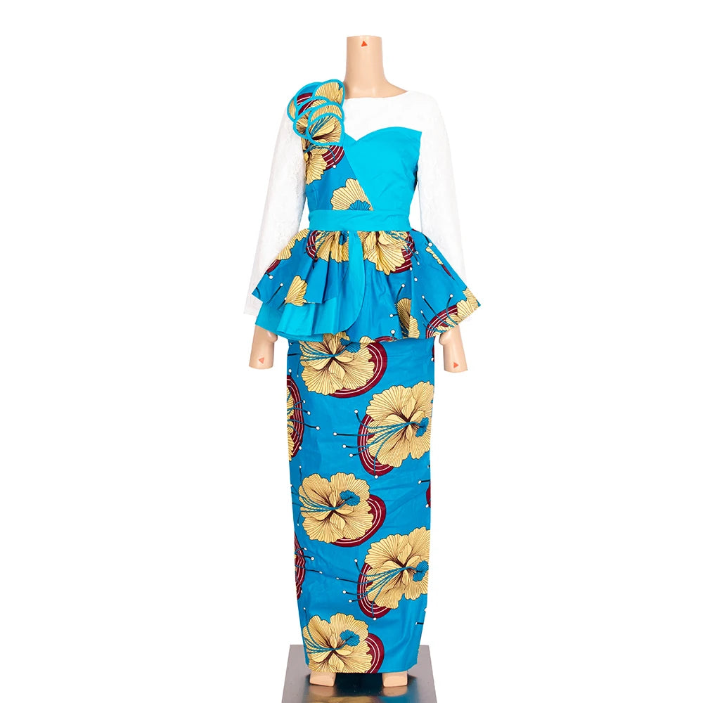 African Skirt Sets Women Suit Long Straight Skirts and Tops with Lace Decoration Bazin Riche Traditional African Clothing WY6195