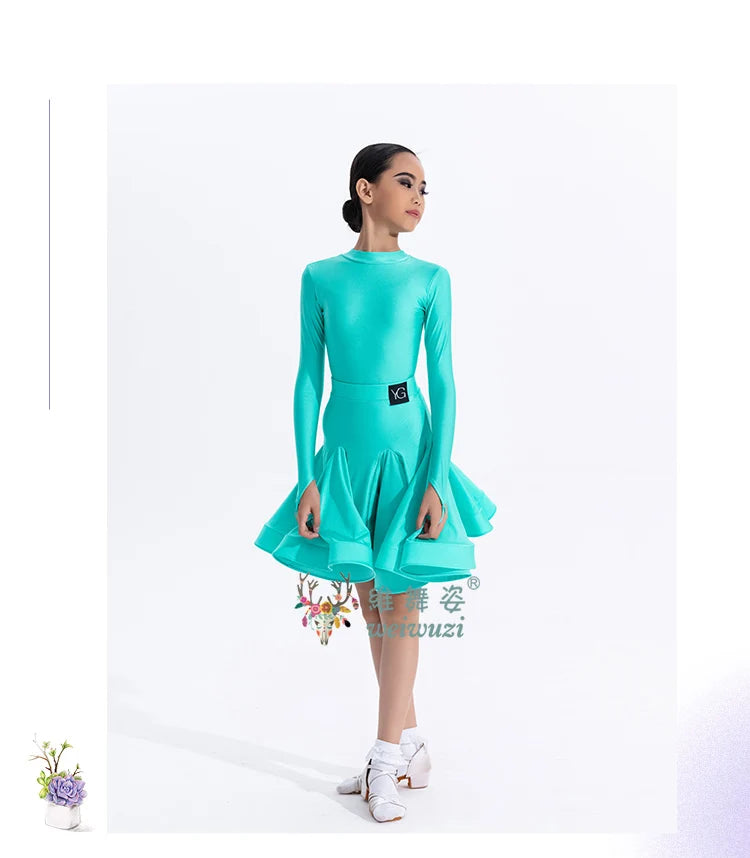 Girls Latin Dance Competition Clothing Glossy Fabric Long Sleeves Dance Dress Kids Cha Rumba Dance Practice Training Wear