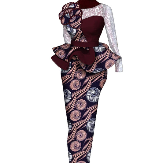 African Skirt Sets Women Suit Long Straight Skirts and Tops with Lace Decoration Bazin Riche Traditional African Clothing WY6195