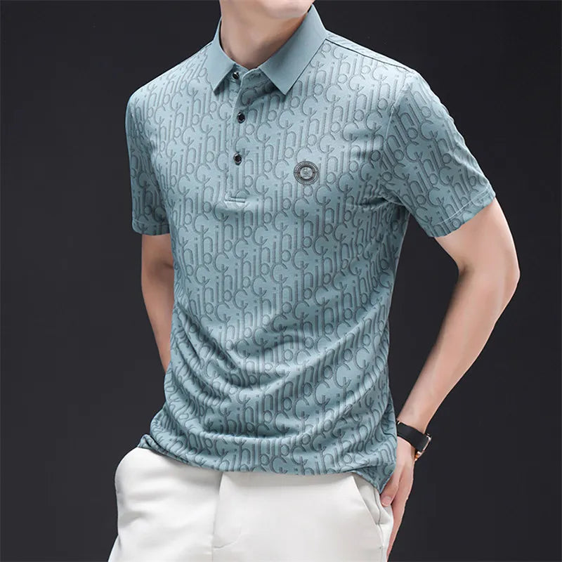 New Men's Business Casual Short Sleeved Shirt with Badge Solid Color Polo Shirt Fashionable Breathable Comfortable Versatile Top