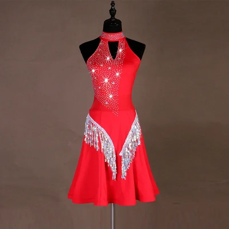 Shiny Black Red Sexy Latin Dance Dress Women High-end Custom Rumba Salsa Performance Skirt Female Dance Dresses