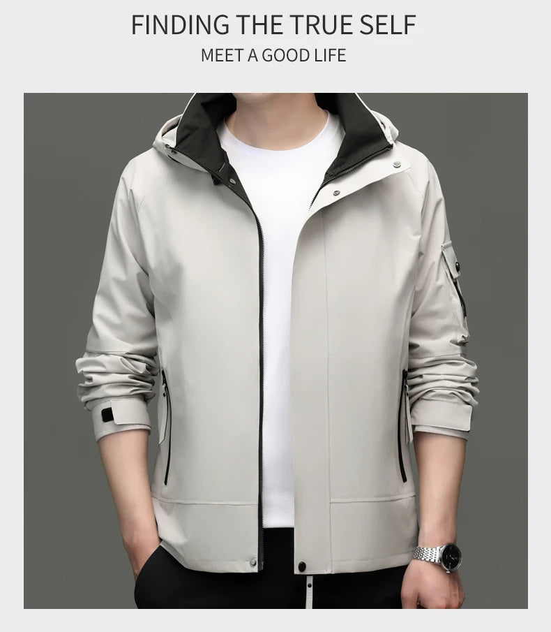Top Grade Waterproof Designer Men Outdoor Jacket Soft Shell Autumn Windbreaker Casual Sports Coats Detachable Cap Outwear