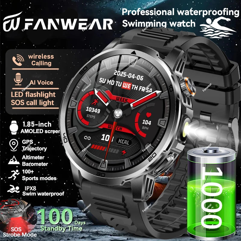 Fanwear men's smart watch SOS distress light +LED flashlight dual light mode 1000 mAh battery GPS trajectory 1.85 inch AMOLED