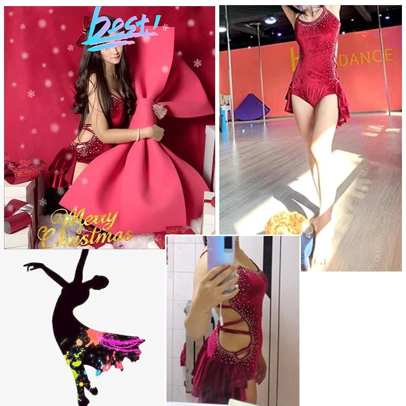 Pole Dancing Latin Dance Dress Steel Pipe Girl Costumes Skirt Performing Dress Adult Customize Children Stretch Velvet Wine  Red
