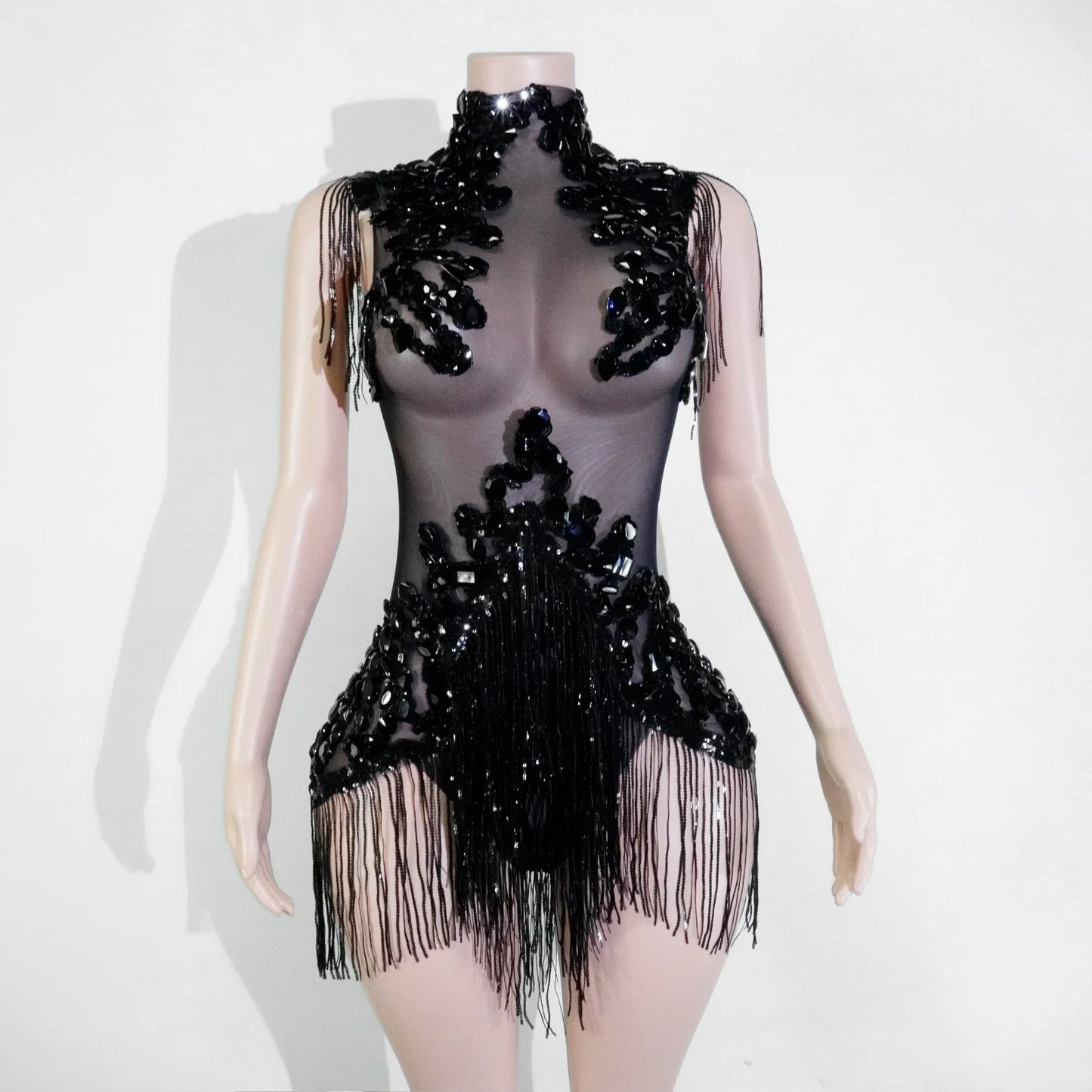 Sexy Mesh Sheer Black Rhinestone rhinestone Bodysuit Singer Dancer Show Stage Outfit Celebrate Party Night Club Performance Waer