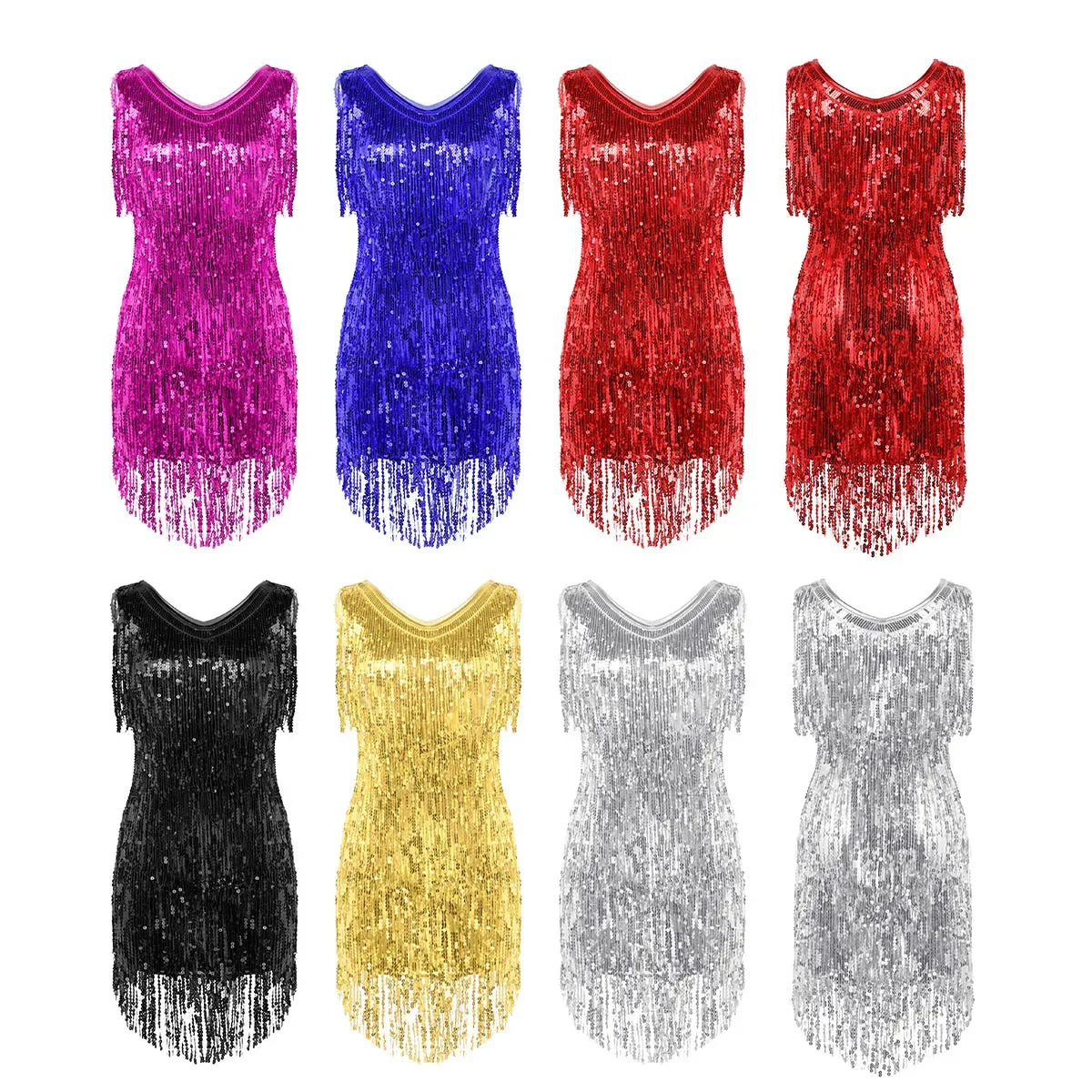 Women Latin Dress Shiny Sequin Sleeveless Tassels Fringed Dress Tango Samba Rumba Ballroom Salsa Jazz Dance Performance Costume