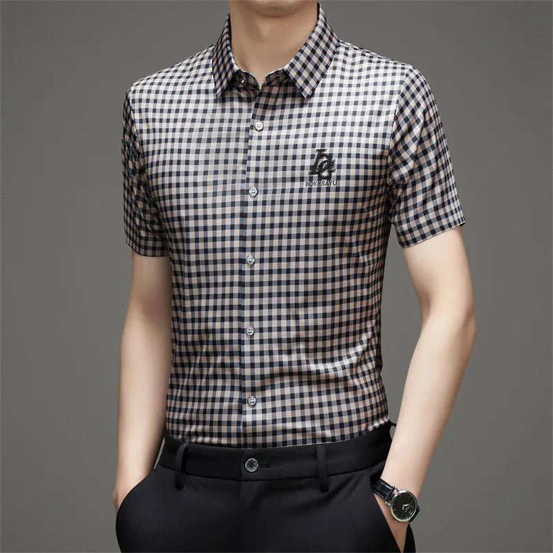 High End Man's Plaid Shirts Non-iron Business Fashion Leisure Tops Luxurious Male Short Sleeve Summer Quality Thin Shirt for Men