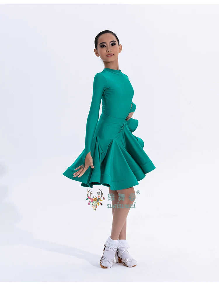 Girls Latin Dance Competition Clothing Glossy Fabric Long Sleeves Dance Dress Kids Cha Rumba Dance Practice Training Wear