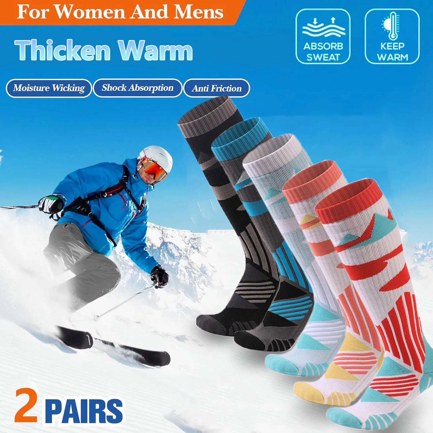 YANBIGUO 2 Pairs Thicken Ski Socks,Thermal Warm Winter Knee-High Snowboarding Skiing Sock for Hiking,Cycling,Snow,Snowboarding