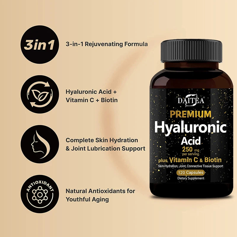 Hyaluronic Acid Supplement 250 Mg with Biotin and Vitamin C-3-in-1 - Skin Moisturization, Joint Lubrication, Hair and Eye Health