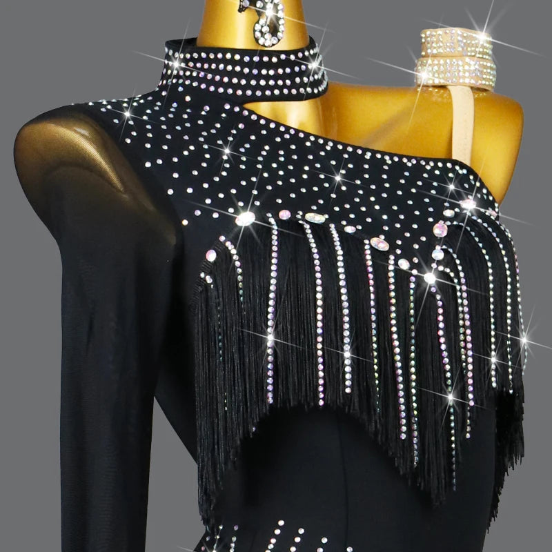 New Black Latin Dance Fringe Dresses Sexy Adult Women Competition Costume Ballroom Skirt Salsa Samba Party Stage Wear Customized