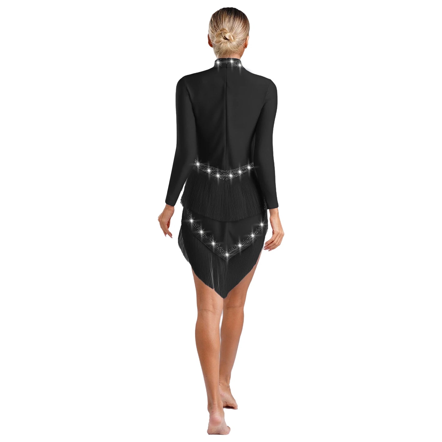 Womens Tassel Latin Tango Samba Dance Dresses Stage Performance Costume Long Sleeve Irregular Hem Shiny Rhinestones Dance Dress