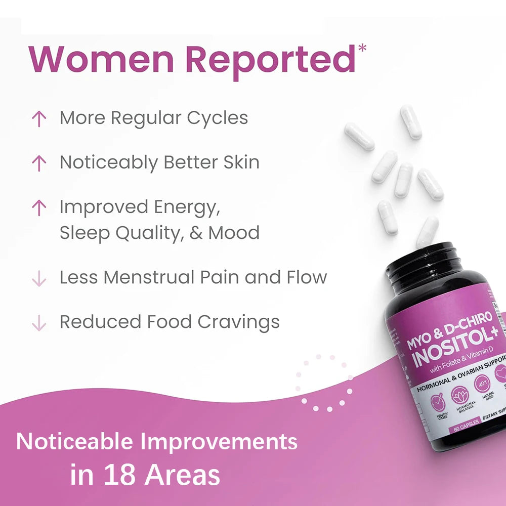 Myo-Inositol & D-Chiro Inositol Capsules for Women, Folate & Vitamin D Support Regular Cycles, Hormonal Balance & Ovarian Health