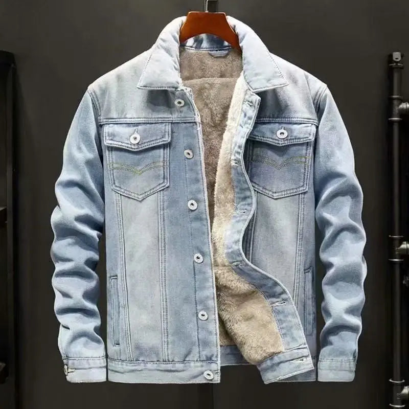 Men's Denim Cotton Jaet Fce Lined Thi Warm Outerwear Korean Sle Versatile Student Jaet Top Trendy Autumn Winter Coat