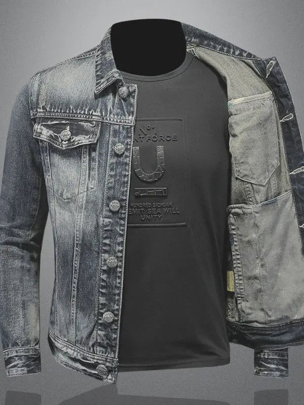 2025 Men's Autumn Winter Brand Casual Cotton Jacket with American Retro Motorcycle Embroidered Street Fashion Grey Jeans Coat