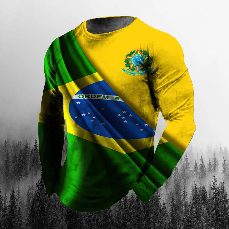 Vintage Brazilian Flag 3D Print Autumn Men's O-Neck T-shirt Casual Long Sleeve Oversized T Shirt Fashion Pullover Men Clothing