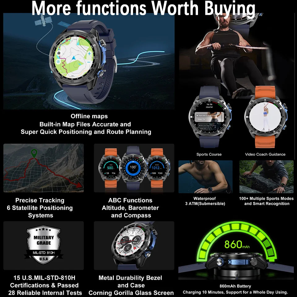 2026 Newly upgraded GPS Military Sports Smart Watch 860mAh 1.43-inch AMOLED Compass Altimeter Call 5ATM Waterproof Sports Watch
