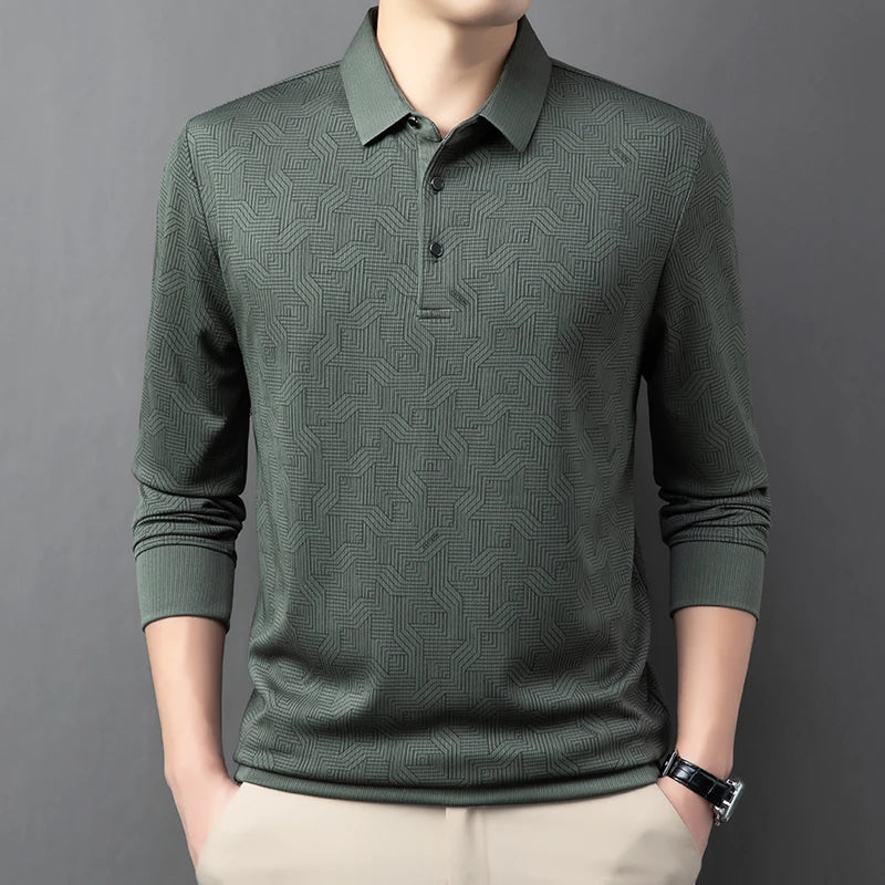 New Men's Business Casual Long Sleeved Shirt with Badge Solid Color Polo Shirt Fashionable Breathable Comfortable Versatile Top
