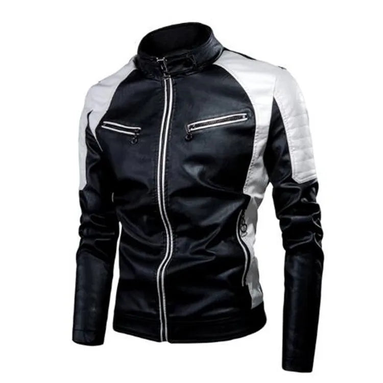 Men's Casual Biker PU Leather Jacket New 2025 Fashion Color Block British Style Motorcycle Jacket Men's Clothing Outerwear