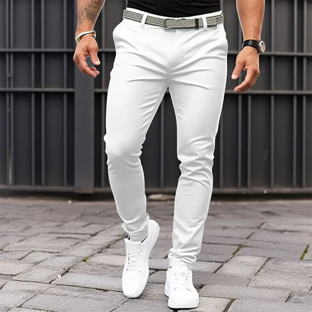 Men's Solid-color Slim-fit Pants with Front Pockets and Zippers for Business Casual Wear with Tapered Bottom Pants Men