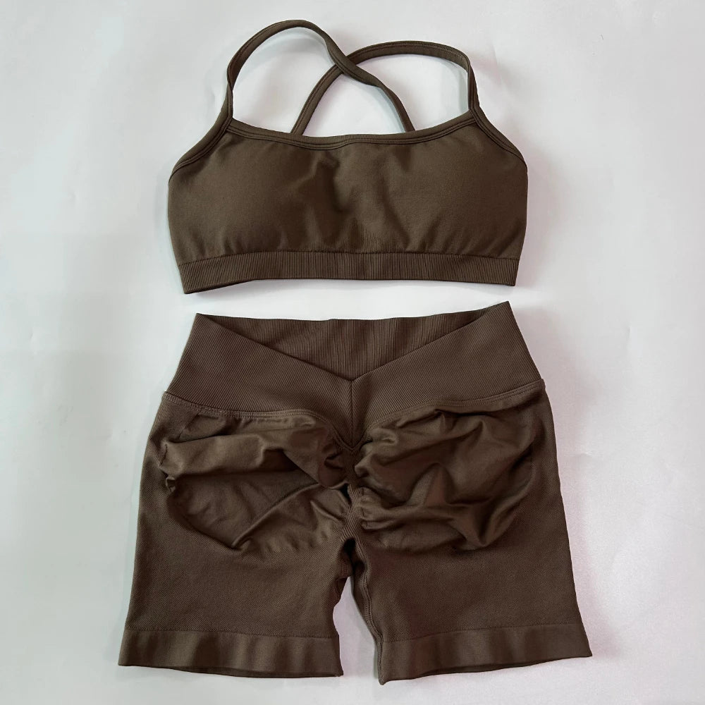 2 Pieces Set For Woman Clothes Seamless Scrunch Yoga Shorts Set Backless ktp Sports Bra Fitness Workout Top Gym Set Outfits