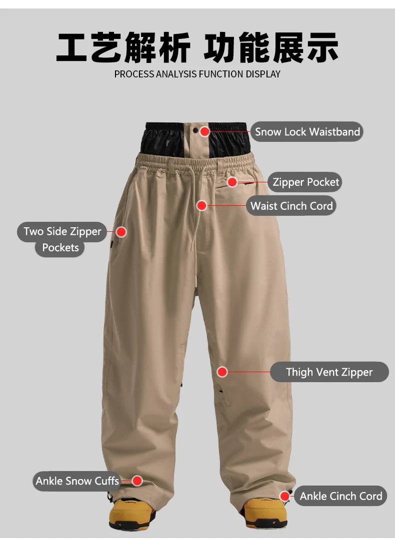 Gsou Snow 2025 Unisex Loose Fit Cargo Ski Pants - Waterproof Windproof Snowboard Trousers for Men & Women Winter Snow Gear