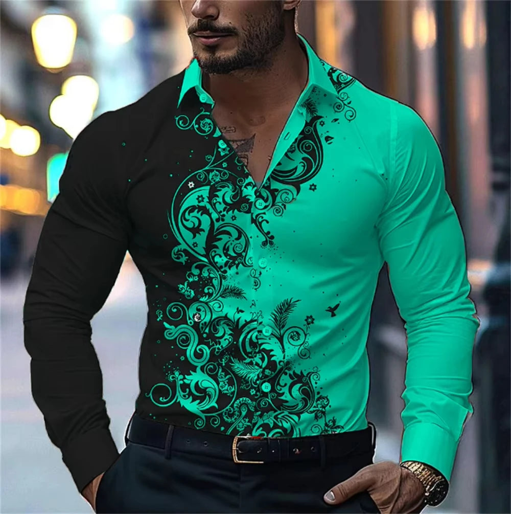 Men'S Stylish Red Floral Print Dress Shirt - Casual Long Sleeve Button-Up Design Spring Fashion Shirt Floral Print Shirt