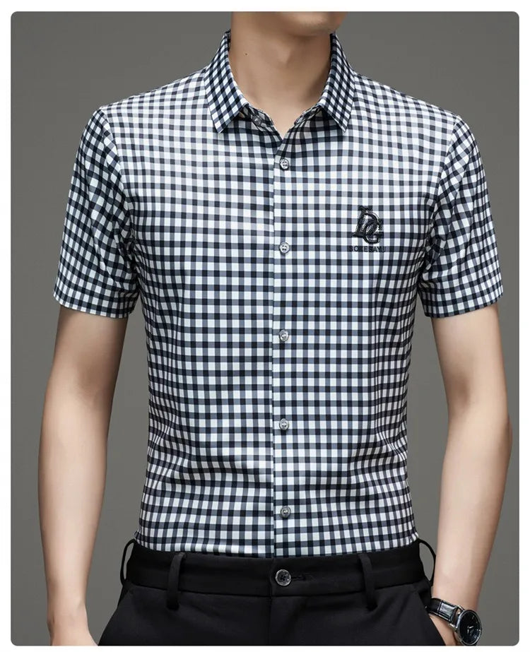 High End Man's Plaid Shirts Non-iron Business Fashion Leisure Tops Luxurious Male Short Sleeve Summer Quality Thin Shirt for Men