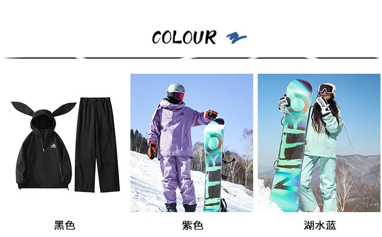 New Trendy Windproof And Warm Rabbit Ear Snow Clothes Men's And Women's Velvet Ski Clothes Set Couple Snow Clothes