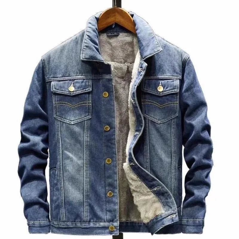 Men's Denim Cotton Jaet Fce Lined Thi Warm Outerwear Korean Sle Versatile Student Jaet Top Trendy Autumn Winter Coat