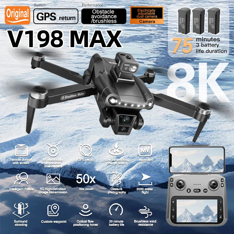Original V198MAX GPS Drone 8K Professional Camera Aerial FPV Brush Laser Obstacle with Large Screen Remote Control Folding Dron