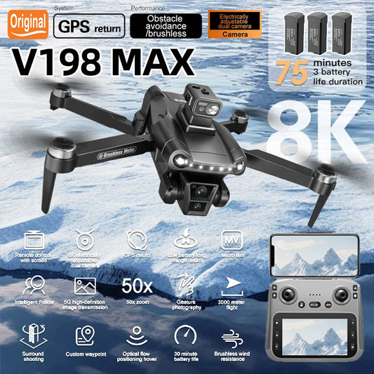 Original V198MAX GPS Drone 8K Professional Camera Aerial FPV Brush Laser Obstacle with Large Screen Remote Control Folding Dron