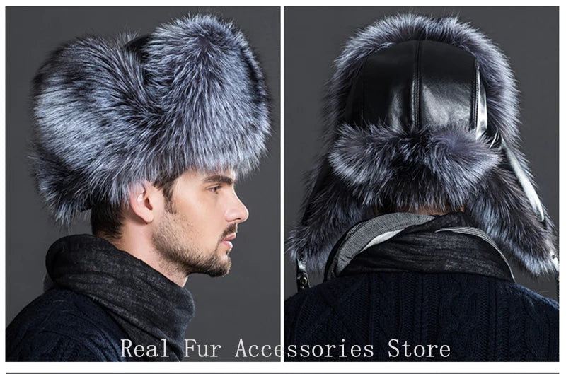 Hot high-end luxury fur hat Men's fox fur hat Lei Feng cap ear cap fur necessary hat Real fur hat 100% Sheepskin top fox hat