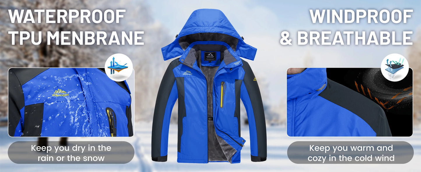 TACVASEN Winter Fleece Lining Jackets Waterproof Mens Ski Snowboard Parka Windproof Removable Hoodie Coats Casual Windbreaker