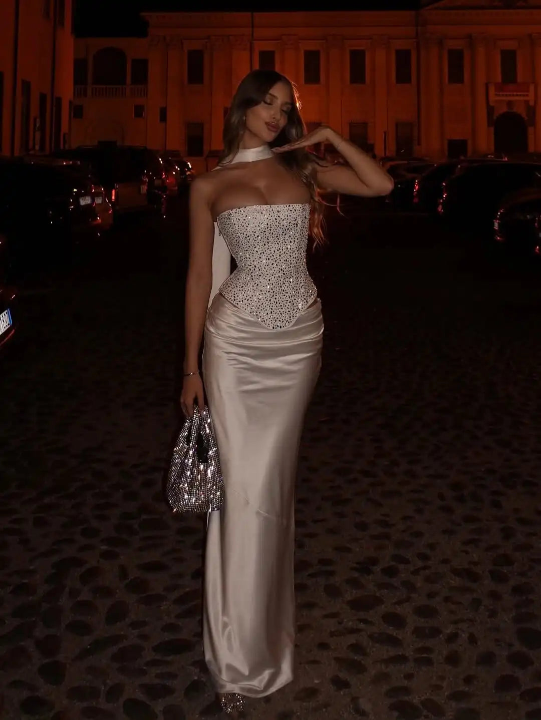 Sexy Sequin Top Long Skirt Set Women Strapless Off-shoulder Slim Tops High Waist Satin Skirts Sets Lady Vacation Party Outfits