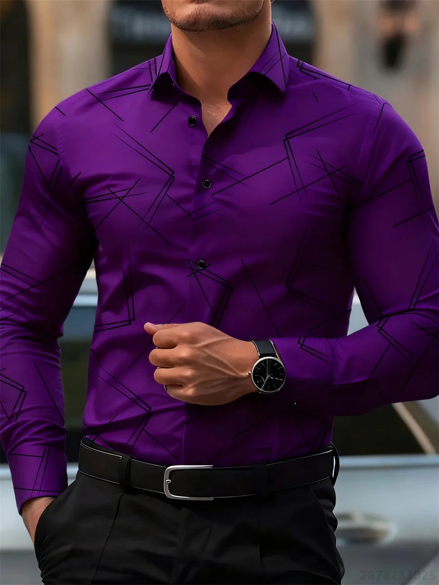 Men's trendy geometric line print long-sleeved shirt Business casual fashion design slim fit non-iron versatile ins style shirt