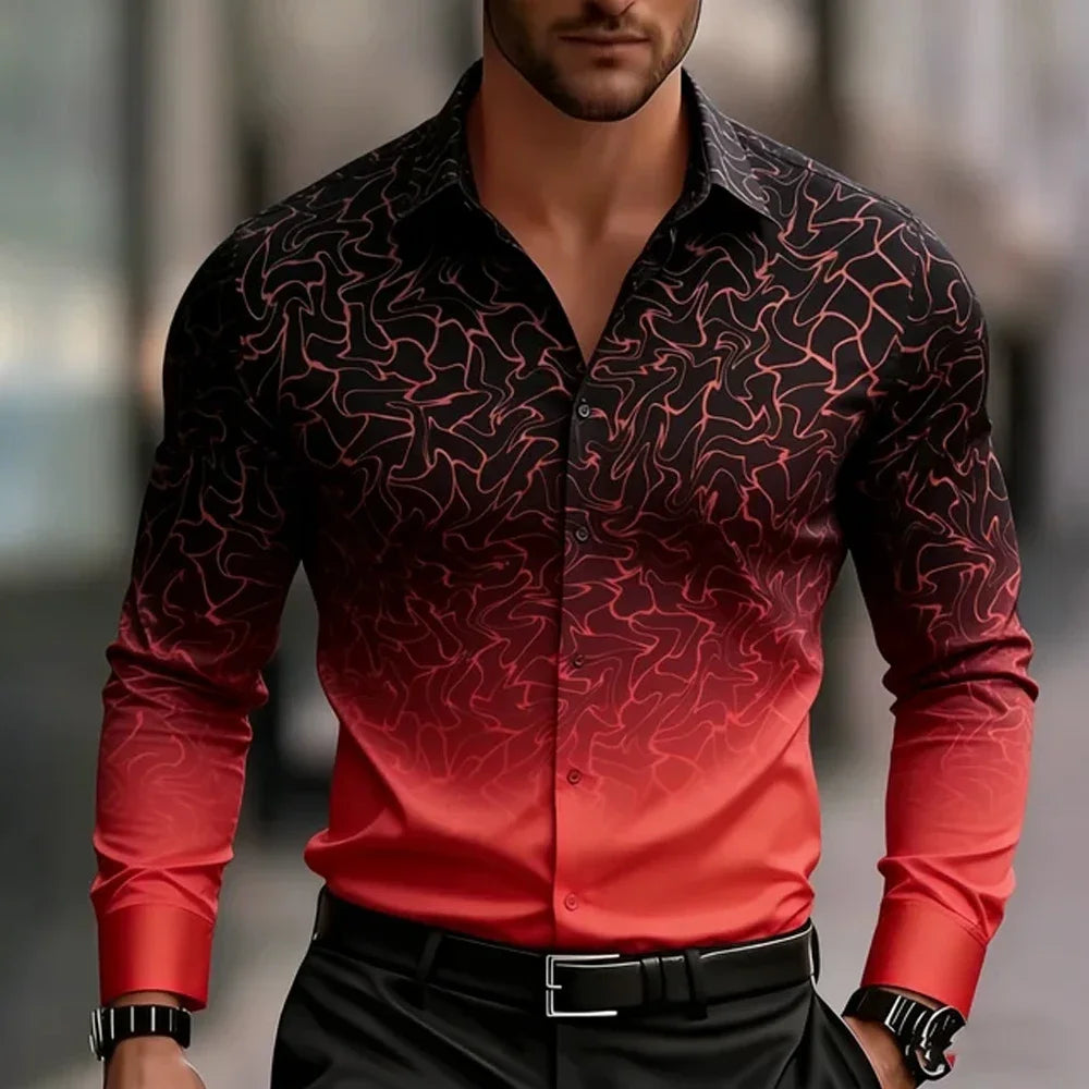 New Spring Autumn Men Clothes Long Sleeve Gradient Color 3D Digital Print Shirt Men Casual Fashion Tops