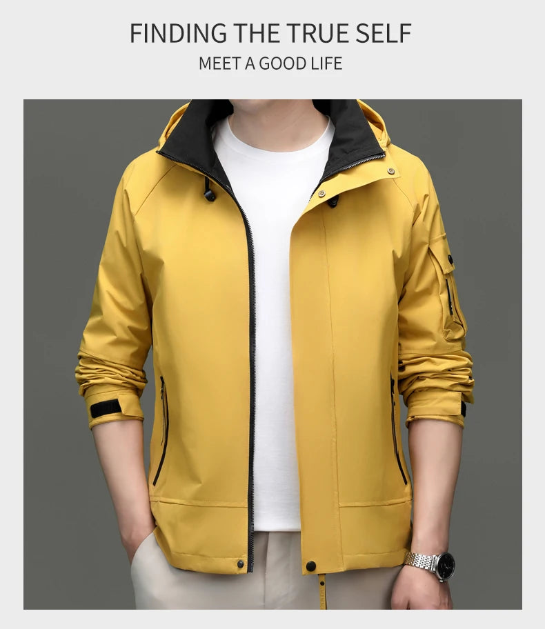 Top Grade Waterproof Designer Men Outdoor Jacket Soft Shell Autumn Windbreaker Casual Sports Coats Detachable Cap Outwear