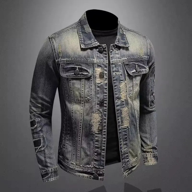 Spring  Autumn New Fashion Trend Ripped Vintage Jeans Jacket Men's Casual Loose Comfortable High Quality Denim Coat