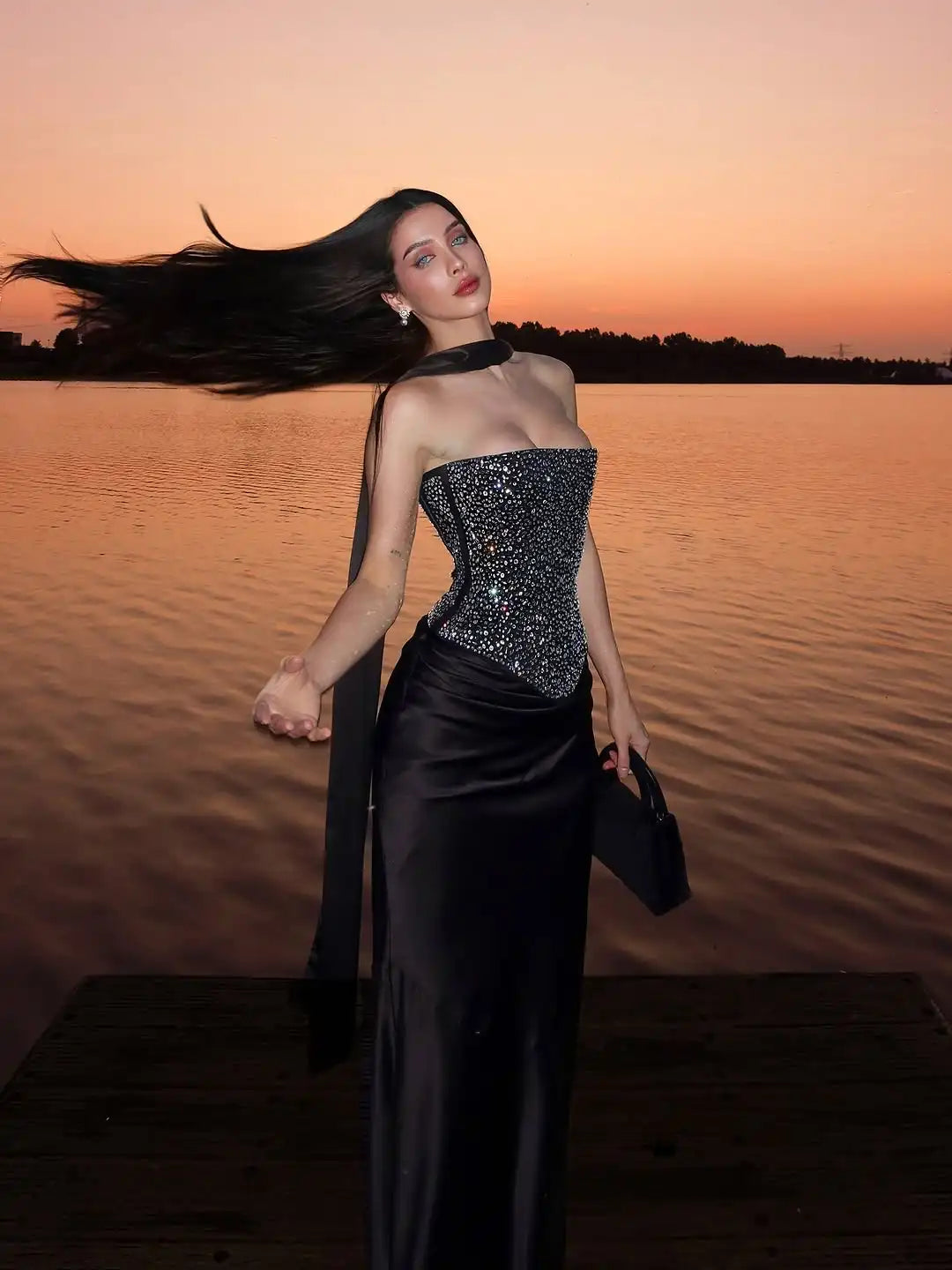 Sexy Sequin Top Long Skirt Set Women Strapless Off-shoulder Slim Tops High Waist Satin Skirts Sets Lady Vacation Party Outfits