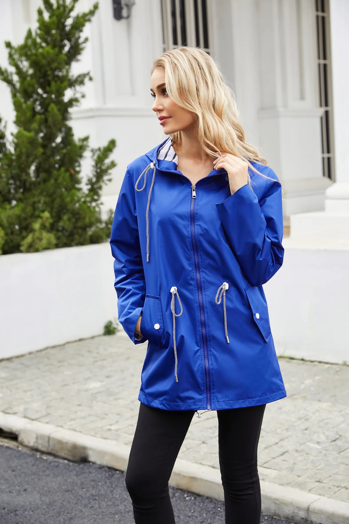 Red Waterproof Hooded Jacket, Women Fashion Casual Coat, Waist Drawstring Tie Zipper Switch Blue Green Yellow Black Windbreaker