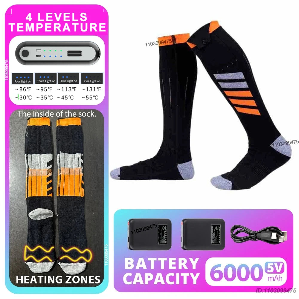 New Heated Socks Rechargeable 6000mah Electric Heated Skiing Socks Snowboarding Outdoor Sports Foot Warmer Winter Thermal Socks