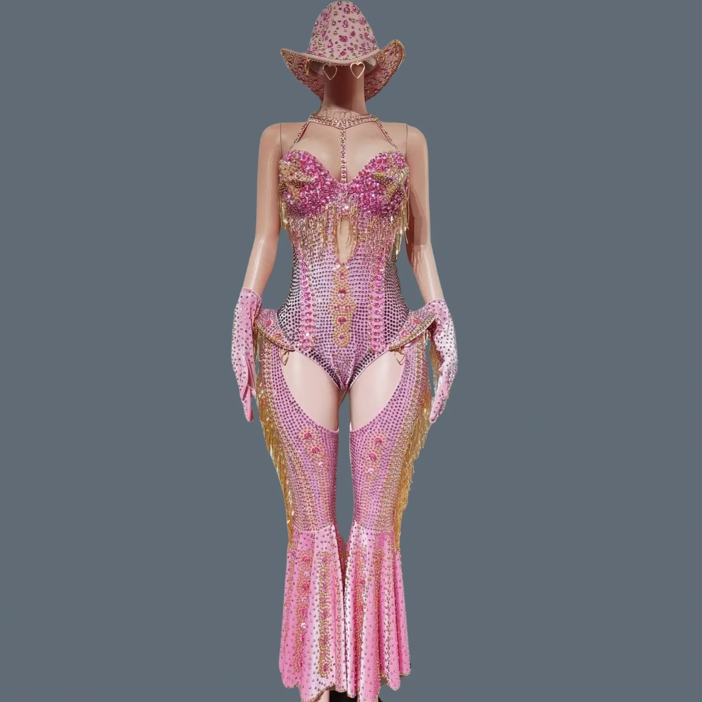 Women Sparkly Rhinestone Bodysuit 4Pieces Set Night Party Cowboy Show Outfit Cabaret Carnival Showgirl Sexy Jumpsuit Hongding