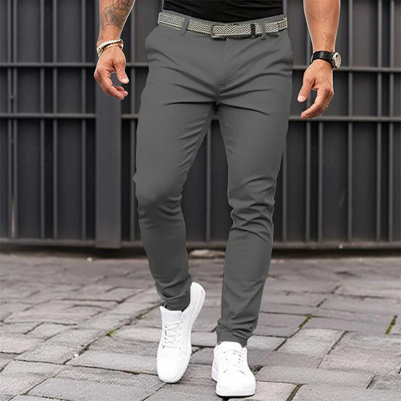 Men's Solid-color Slim-fit Pants with Front Pockets and Zippers for Business Casual Wear with Tapered Bottom Pants Men