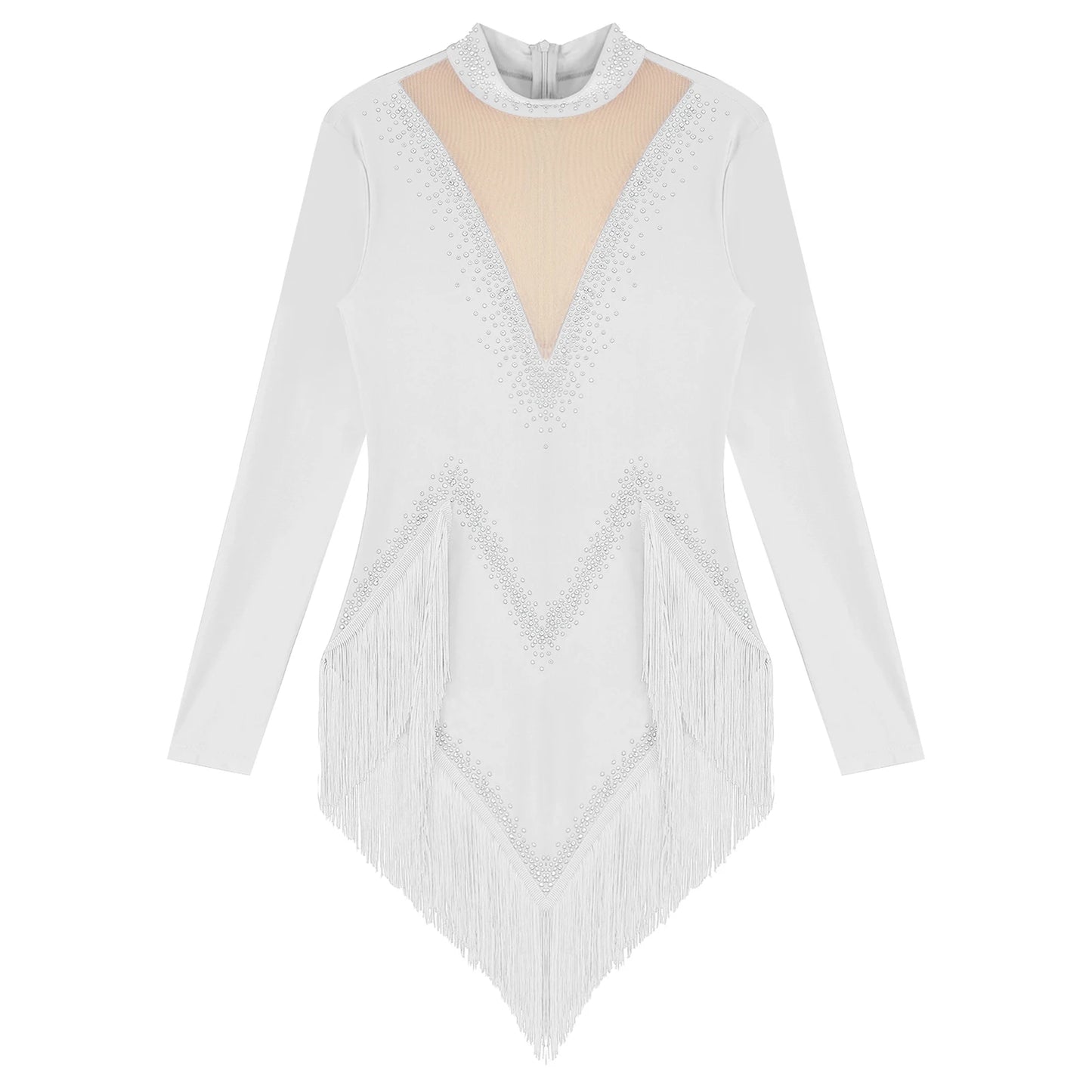 Womens Tassel Latin Tango Samba Dance Dresses Stage Performance Costume Long Sleeve Irregular Hem Shiny Rhinestones Dance Dress