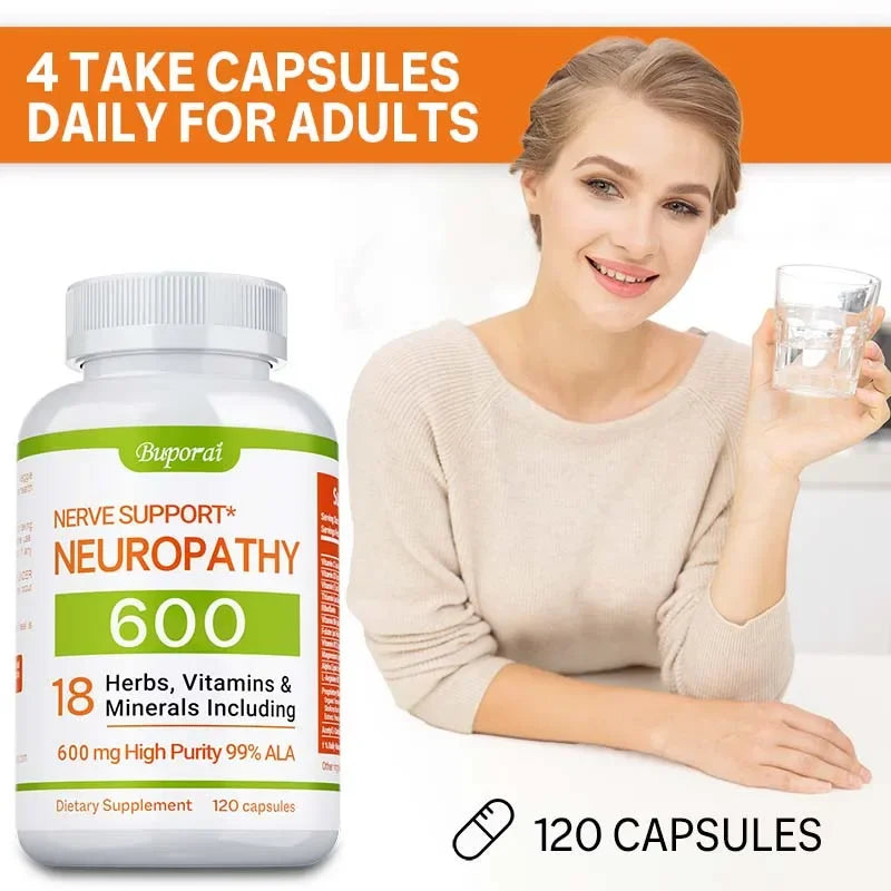 Neuropathy Support Supplement 600mg - Antioxidant, Promotes Nerve Health, Cellular Energy, Metabolism and Anti-aging, Non-GMO