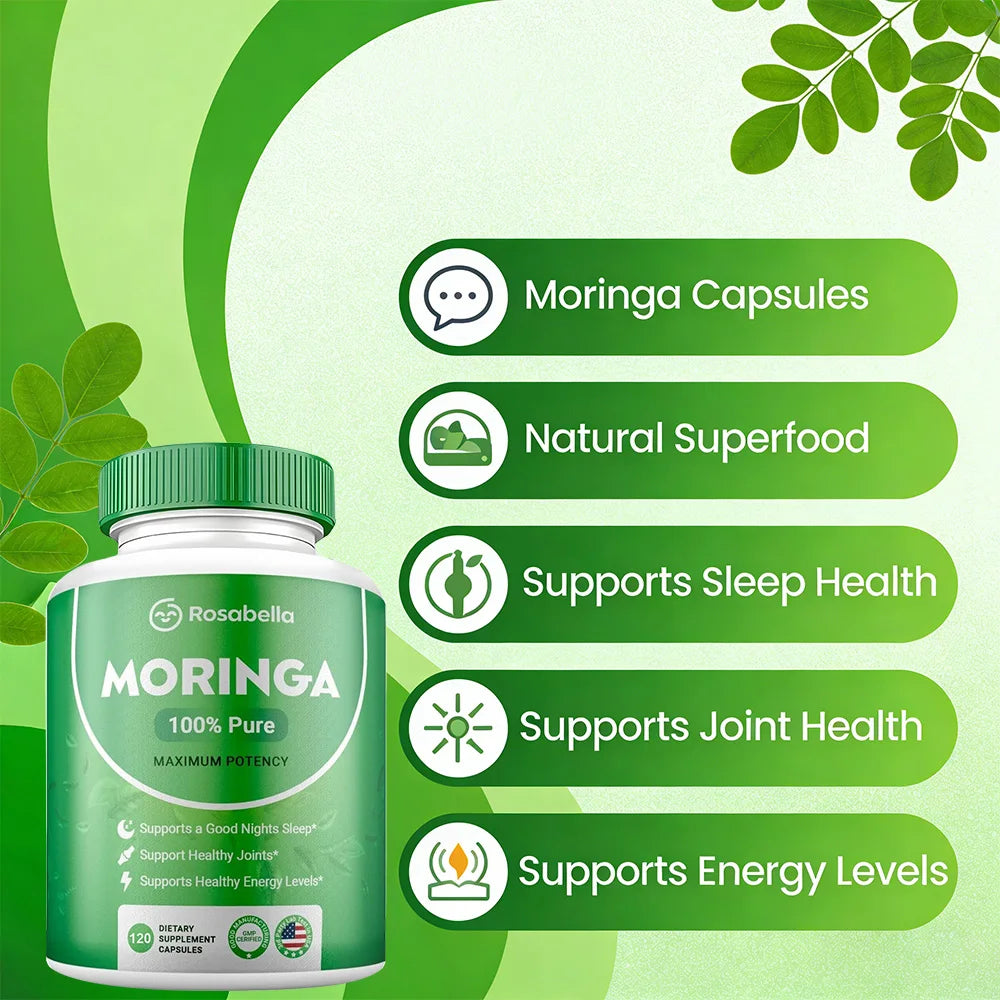 Moringa Capsules - Pure Moringa Powder, Energy, Skin, Immune & Gut Health, Antioxidants, Essential Vitamins & Amino Acids